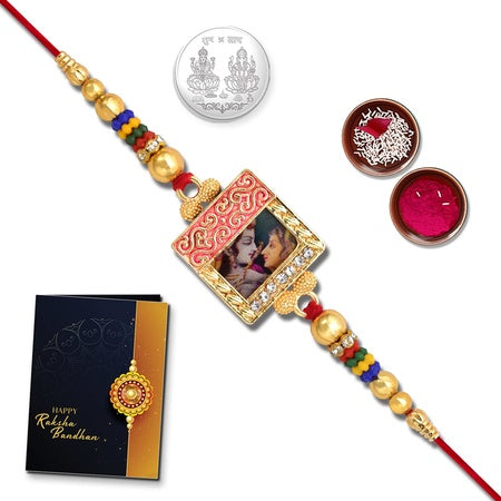 Multicolor Red Om Rakhi  Bracelet (K1_289) With Silver Color Pooja Coin Tilak Set  Greeting Card Silver Rakhi Silver Rakhi. Rakhi Wishes Greeting Card Fancy Rakhi For Brother Rakhi For Little Brother Handmade Rakhi Bracelet For Brother Br