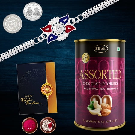 (K1_a30_as) Multicolor Free Hand Drawing Silver Color Rakhi Combo With Assorted Chocolate Dry Fruits 96gm Silver Color Pooja Coin Roli Chawal  Greeting Card  Occasion  Rakhi For Brother With Gift  Bracelets For Men Stylish Rakhi Combo