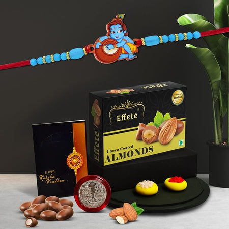 (K1_876_ca32) Rakhi Combo With Chocolate Almonds 32gm Pooja Coin  Greeting Card Rakhi Combo For Kids Rakhi For Kids With Gift Rakhi Gift For Brother Kids Rakhi Gift For Kids Rakhi Gift Hamper Kids Rakhi Combo Rakhi Set Of 1