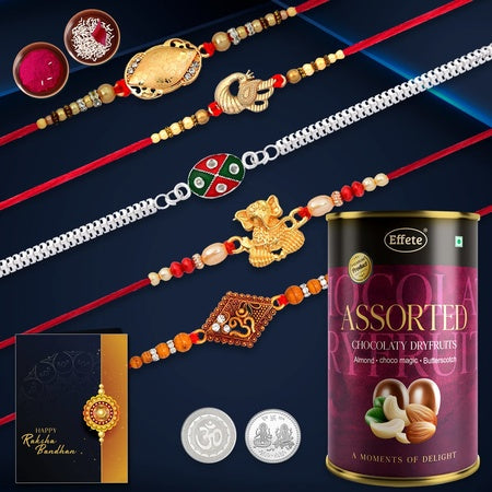 Multicolor Peacock Ganesha Om Beads Gold  Silver Color Rakhis  Bracelet (K5_nc18_as)  Assorted Chocolate Dry Fruits 96gm With Silver Color Pooja Coin Roli Chawal  Greeting Card  Occasion  Rakhi For Brother With Gift  Handmade Rakh
