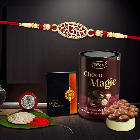 Rakhi Combo Gift For Brother With Center Filled Chocolate  Golden Color Om Rakhi  New Rakhi  Rakhi Gift Pack For Sister  Rakhi Set Of 1 With Greeting Cardroli-chavalcoin(K1_510_cd)