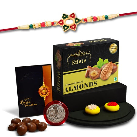 (K1_271_ca32) Rakhi Combo With Chocolate Almonds 32gm Rakhi For Brother With Gift Chocolate Gift Pack Rakhi With Chocolate Gift Hemper Fancy Rakhis For Men Set Of 1 Rakhi