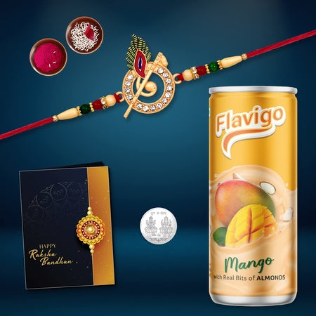 Multicolor Bal Krishna Morpich Flute Colorful Beads Rakhi  Bracelet (K1_703_mds)  Mango Milk Drink With Silver Color Pooja Coin Roli Chawal  Greeting Card  Occasion  Flavoured Milk  Rakhi Combo With Card And Milkshake  Milkshakes Gift  Rak