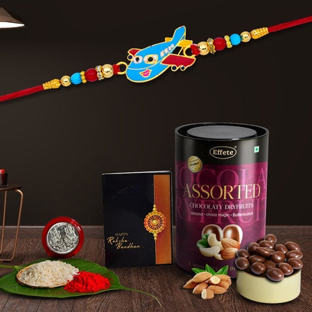 Plane Rakhi For Brother  Rakhi For Kids  Set Of 1 With Assorted Chocolate Dryfruits 96gm (K1_267_as)