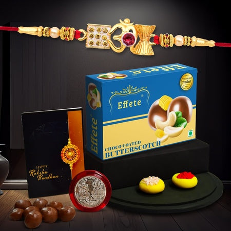 (K1_282_bs32) Multicolor Red Om Rakhi Combo  Chocolate Butter Scotch 32gm With Silver Color Pooja Coin Roli Chawal  Greeting Card  Occasion  Rakhi  Chocolate For Brother  Bracelets For Men Stylish  Rakhi With Gift  Rakhi Combo  Set