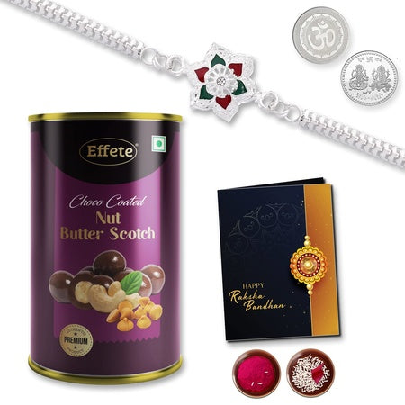 Multicolor Rangoli Floral Silver Color Rakhi  Bracelet (K1_a31_bs)  Chocolate Butter Scotch 96gm With Silver Color Pooja Coin Roli Chawal  Greeting Card Occasion Rakhi Combo With Card And Chocolate Chocolates Gift Pack Rakhi  Choco
