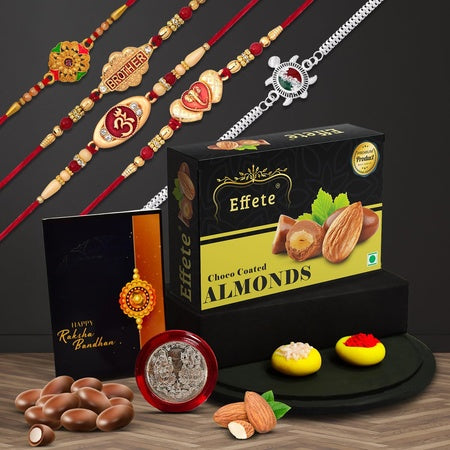 Multicolor Bracelet Rakhi (K5_nc46_ca)  Chocolate Almonds With Silver Color Pooja Coin Roli Chawal  Greeting Card  Occasion  Rakhi For Brother With Gift  Bracelets For Men Stylish Rakhi Combo For Brother  Set Of 5 Rakhi  Rakhi Choc