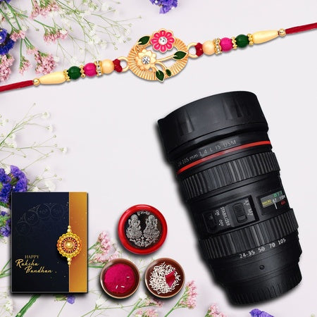 Multicolor Multiflowered Rakhi (K1_281_ctm)  Plastic Unbrekable Coffee  Tea  Milk Mug With Silver Color Pooja Coin  Greeting Card  Occasion  Kids Silver Rakhi  Fancy Rakhi For Brother  Gifts For Little Brother  Online Rakhi Combo  Rakhi