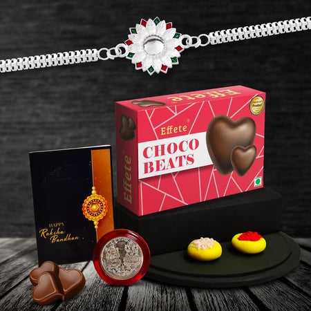 (K1_a4_cb32) Multicolor Rakhi Combo With Chocolate Beats  Silver Color Pooja Coin Roli Chawal  Greeting Card  Occasion  Rakhi For Brother With Gift  Bracelets For Men Stylish Rakhi Combo For Brother  Set Of 1 Rakhi  Rakhi Chocolate