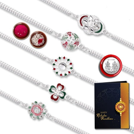 Unisex-adult Silver Plated Rakhi Set With Unique Patterns Pack Of 5 Designer Rakhis For Brothers Best Rakhi Combo For Brothers Attractive Rakhi Set Of 5 - Perfect For Siblings