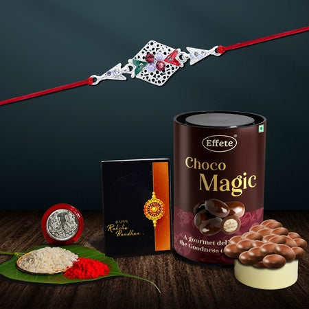 (K1_a42_em) Rakhi Combo With Chocolate Magic  Rakhi For Brother With Gift  Chocolate Gift Pack Rakhi With Chocolate Gift Hemper  Fancy Rakhi For Men  Set Of 1