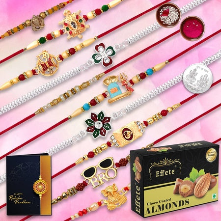 Rakshbandhan Special Silver Plated Rakhi Set Of 10 With Chocofarm Choco Peanuts 32 G Roli Chawal Pooja Coin And Greeting Card