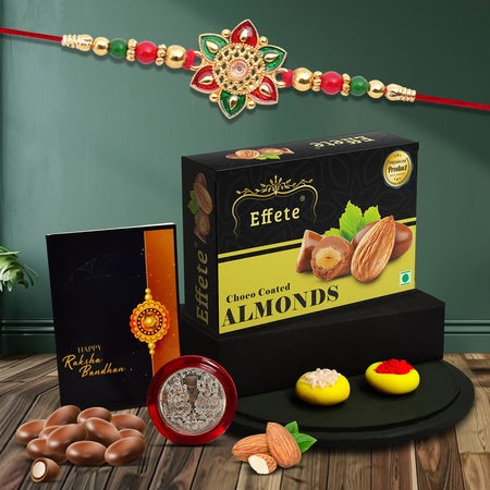 Flower Design Rakhi For Brother Set Of 1 Rakhi Combo With Chocolate Almonds 32gm(K1_413_ca32)