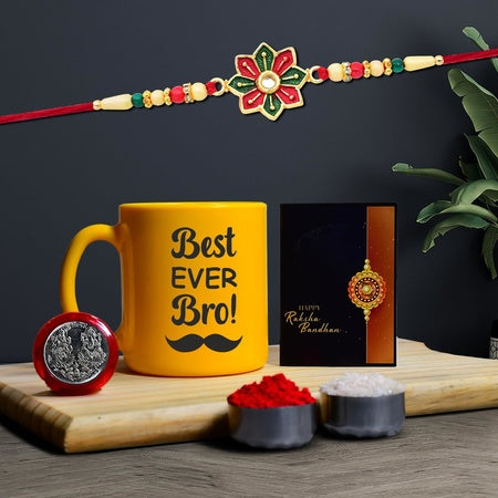 Rakhi Combo (K1_558_ytm) Plastic Unbrekable Tea  Milk  Coffee Mug (Yellow Best Ever Bro Mug) With Pooja Coin  Greeting Card Rakhi Set Rakhi Mug Rakhi For Brother With Mug Rakhi Mug For Brother Rakhi For Brother With Coffee Mug Rakhi With