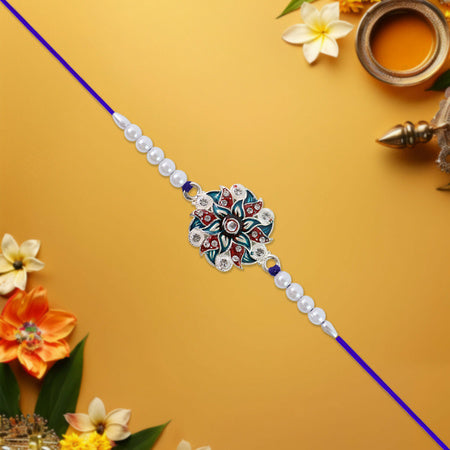 Premium Mandala Design Rakhi With Pearl Beads And Blue Thread  Traditional Ethnic Rakhi For Brother
