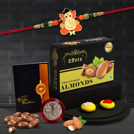 Multicolor Orange Rakhi  Bracelet (K1_255_ca32)  Chocolate Almonds 32gm With Silver Color Pooja Coin Roli Chawal  Greeting Card  Occasion  Rakhi For Brother With Gift  Handmade Rakhi Rakhi Combo For Brother  Stylish Rakhi For Brothe