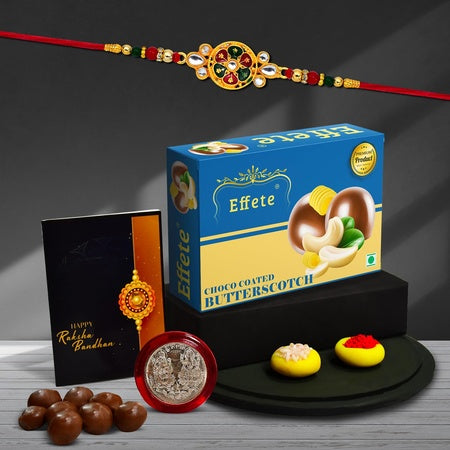 Rakhi For Brother Set Of 1 With Chocolate Butter Scotch 32gm Pooja Coin With Greeting Card (K1_532_bs32)