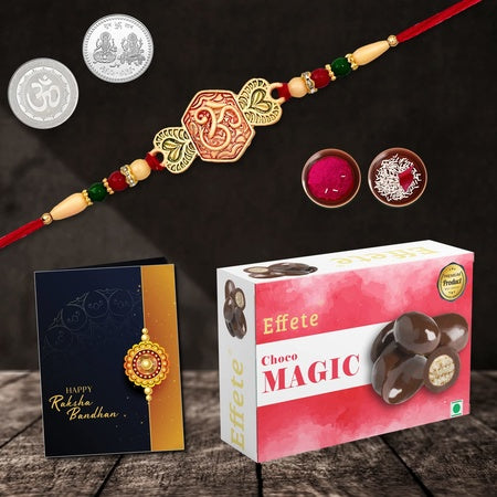 Multicolor Simple Heart Rakhi  Bracelet (K1_528_cm32)  Chocolate Magic 32gm With Silver Color Pooja Coin Roli Chawal  Greeting Card Occasion Rakhi  Chocolate For Brother Rakhi With Chocolate Rakhi With Gift Rakhi Combo Set Of 1 R