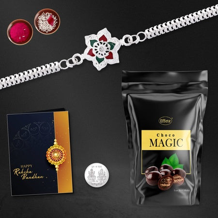 (K1_a31_sp) Multicolor Rangoli Floral Silver Color Rakhi Combo With Chocolate Magic 32gm Silver Color Pooja Coin Roli Chawal  Greeting Card Occasion Stylish Rakhi For Brother Rakhi  Chocolate For Brother Rakhi Brother Rakhi With Gif