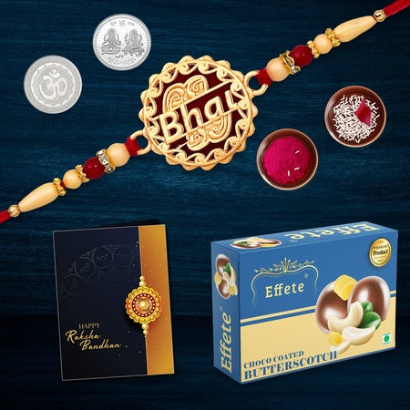 Multicolor Bhai Coded Rakhi  Bracelet (K1_527_bs32)  Chocolate Butter Scotch 32gm With Silver Color Pooja Coin Roli Chawal  Greeting Card  Occasion  Rakhi For Brother With Gift  Handmade Rakhi Rakhi Combo For Brother  Stylish Rakhi