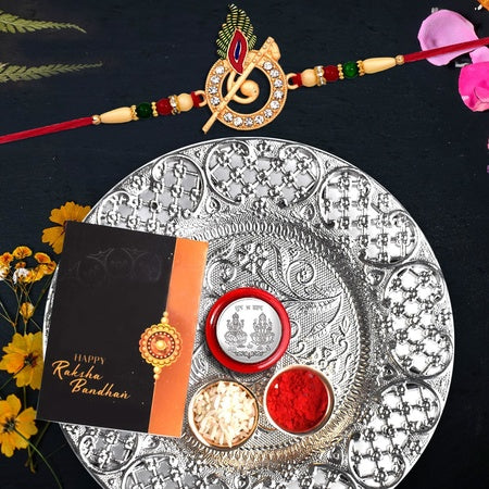 Rakhi For Brother Set Of 1 With Dish  Silver Color Coin  Greeting Card  Bhai And Bhabhi  Gift For Brother And Kids Rakhi Combo (K1_703_ds)