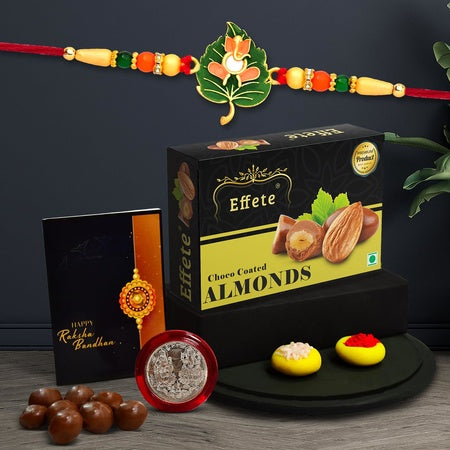 Multicolor Leaf Shped Rakhi  Bracelet (K1_307_ca32)  Chocolate Almonds 32gm With Silver Color Pooja Coin Roli Chawal  Greeting Card  Rakhi  Chocolate For Brother  Set Of 1 Rakhi