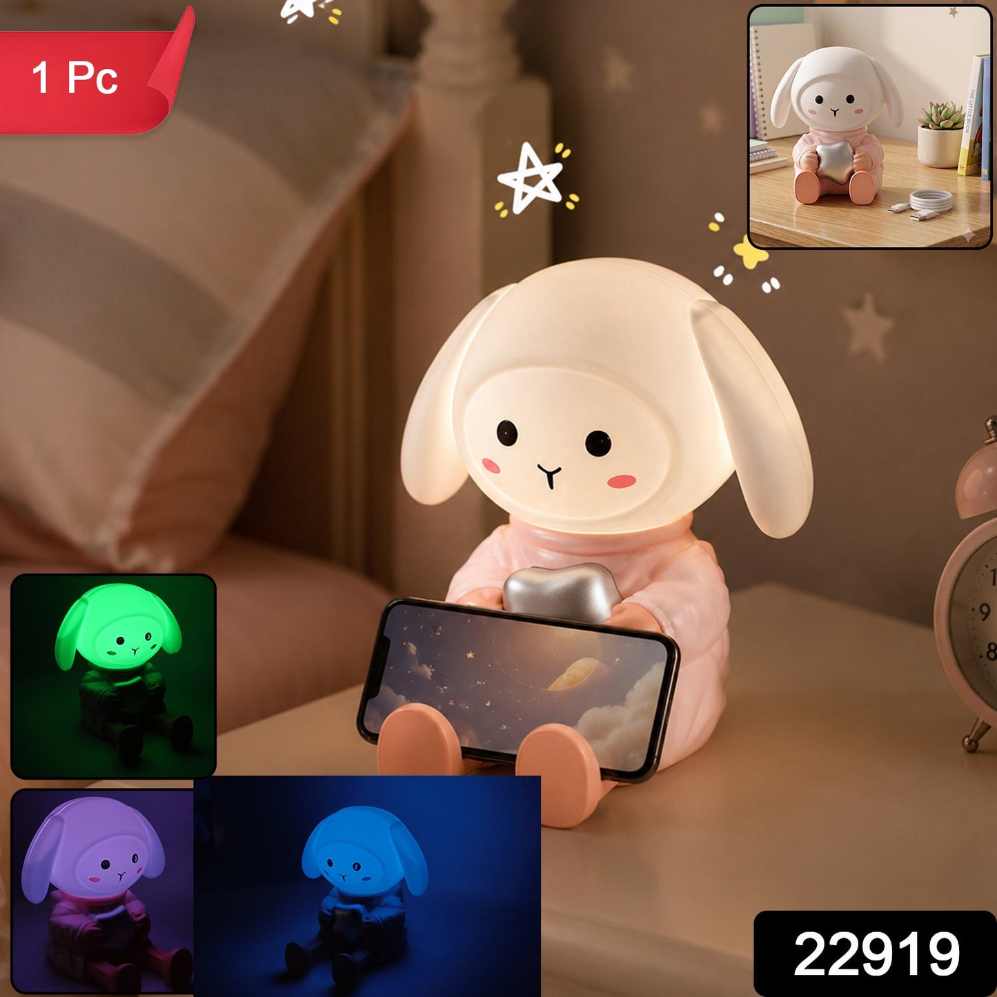 Rabbit Led Night Light With Mobile Phone Stand For Bedroom And Study Table (1 Pc)