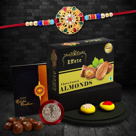 (K1_430_ca32) Rakhi Combo With Chocolate Almonds 32gm  Stylish Rakhi For Brother  Rakhi  Chocolate For Brother  Rakhi Brother  Rakhi With Gift  Handmade Rakhi  Set Of 1