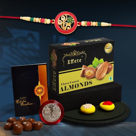(K1_518_ca32) Rakhi Combo With Chocolate Almonds 32gm Rakhi For Brother With Gift  Chocolate Gift Pack Rakhi With Chocolate Gift Hemper  Fancy Rakhi For Men  Set Of 1