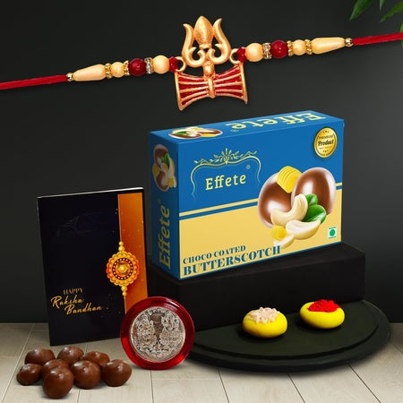 Multicolor Trishul Rakhi  Bracelet (K1_504_bs32)  Chocolate Butter Scotch 32gm With Silver Color Pooja Coin Roli Chawal  Greeting Card  Occasion  Rakhi For Brother With Gift  Bracelets For Men Stylish Rakhi Combo For Brother  Set Of