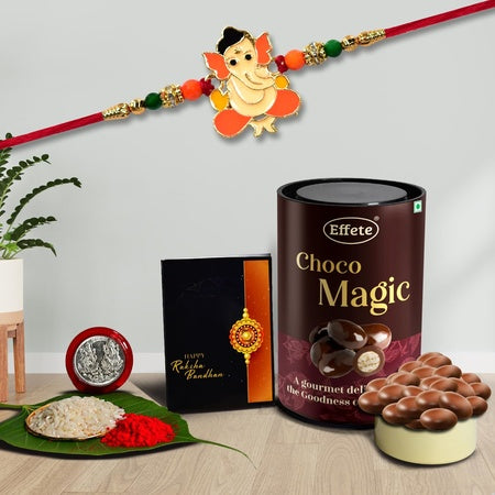 (K1_255_cd) Multicolor Orange Rakhi Combo With Chocolate Delight 96gm Silver Color Pooja Coin Roli Chawal  Greeting Card Occasion Rakhi For Brother With Gift Chocolate Gift Pack Rakhi With Chocolate Gift Hemper Bracelets For Men Set