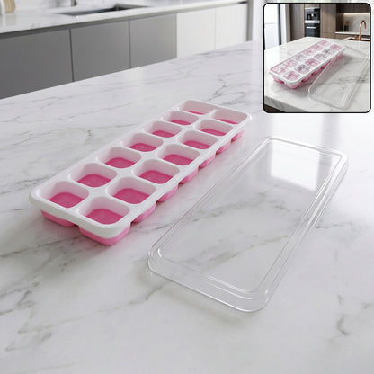 Multipurpose Plastic Ice Cube Tray With Lid (1 Pc 14 Gride  Pink)