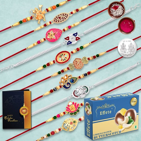 Rakhi For Brother Set Of 10 With Silver Color Pooja Coin Multicolor Hanuman Ganpati Om Gold Rakhi (K10_mc2_bs32)