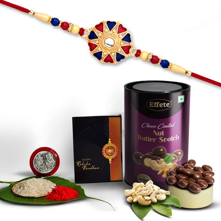 Multicolor Hearts Diamond Colorful Beads Rakhi  Bracelet (K1_536_bs)  Chocolate Butter Scotch 96gm With Silver Color Pooja Coin Roli Chawal  Greeting Card Occasion Rakhi  Chocolate For Brother Rakhi With Chocolate Rakhi With Gift