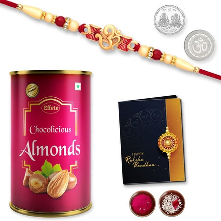 (K1_282_ca) Multicolor Red Om Rakhi Combo With Chocolate Almonds 96gm Silver Color Pooja Coin Roli Chawal  Greeting Card  Occasion  Rakhi For Brother With Gift  Chocolate Gift Pack Rakhi With Chocolate Gift Hemper  Bracelets For Men