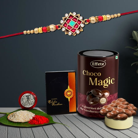 (K1_418_em) Rakhi Combo With Chocolate Magic  Rakhi For Brother With Gift  Chocolate Gift Pack Rakhi With Chocolate Gift Hemper  Fancy Rakhi For Men  Set Of 1