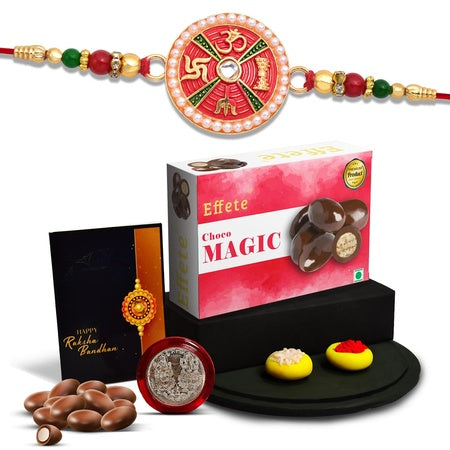 (K1_307_cm32) Multicolor Leaf Shped Rakhi Combo With Chocolate Magic 32gm Silver Color Pooja Coin Roli Chawal  Greeting Card Occasion Rakhi  Chocolate For Brother Bracelets For Men Stylish Rakhi With Gift Rakhi Combo Set Of 1 Rakhi