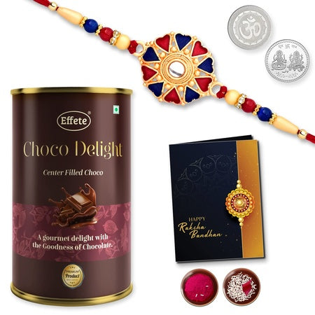 Multicolor Hearts Diamond Colorful Beads Rakhi  Bracelet (K1_536_cd)  Chocolate Delight 96gm With Silver Color Pooja Coin Roli Chawal  Greeting Card  Occasion  Rakhi Combo With Card And Chocolate  Chocolates Gift  Rakhi  Chocolate F