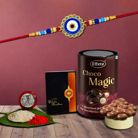 Rakhi For Brother Set Of 1 With Chocolate Magic Pooja Coin With Greeting Card (K1_516_cm)
