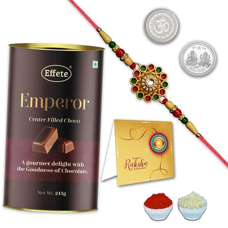 Multicolor Bracelet Rakhi (K1_301_mrn)  Chocolate  Red And Greaan Flower Rakhi  Colourful Flower Rakhi With Red Dori  Rakhi And Chocolate For Brother  Rakhi Gift Chocolate For Brother  Rakhi With Gift