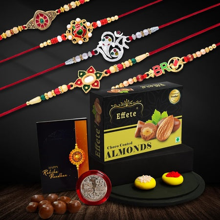 (K1_511_bs32) Multicolor Rakhi Combo With Chocolate Butter Scotch  Silver Color Pooja Coin Roli Chawal  Greeting Card Occasion Rakhi  Chocolate For Brother Rakhi With Chocolate Rakhi With Gift Rakhi Combo Set Of 1 Rakhi Rakhi Choc