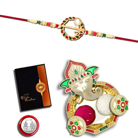 Rakhi Combo With (K1_560_aa3) With Pooja Coin Shri Ganesh Pooja Thali  Tilak Set  Greeting Card Rakhi With Plate  Rakhi Thali Set  Rakhi In Silver  Rakhi Hamper  Handmade Rakhi  Rakhi For Brother Kids  Rakhi For Brother And Bhabhi  Rakhi