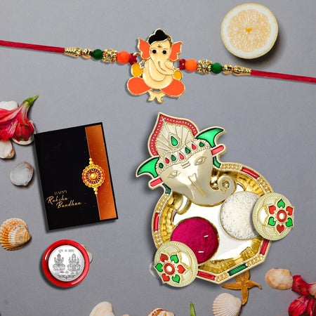Rakhi For Brother Set Of 1 With Dish Silver Coin  Greeting Card Rakhi For Brother And Bhabhi Rakhi With Gift For Brother Rakhi For Kids Rakhi Set Rakhi Combo (K1_255_aa3)
