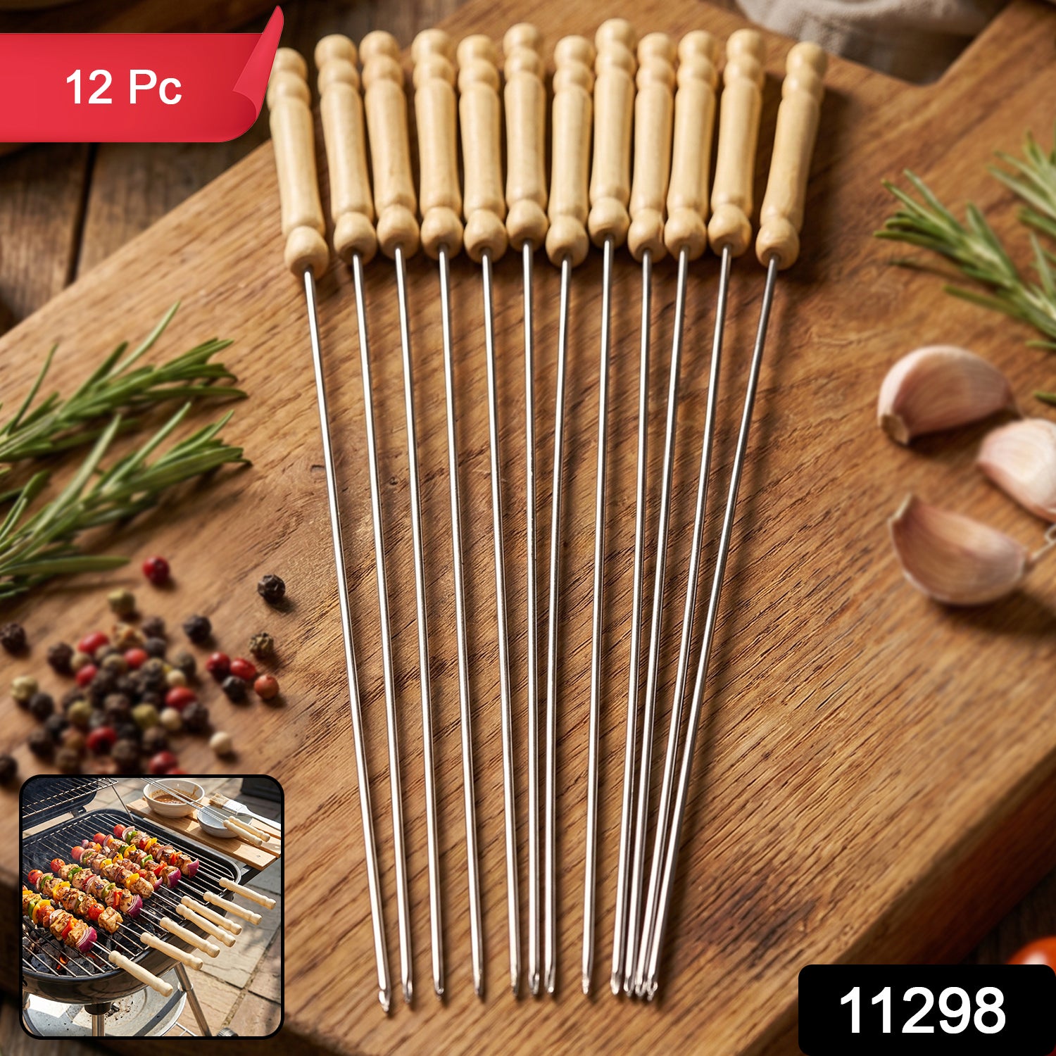 Stainless Steel Bbq Skewers With Wooden Handle (12 Pc)