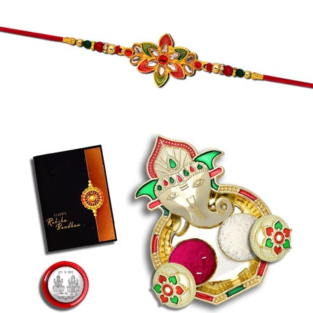 Rakhi Combo (K1_526_aa1) With Pooja Coin Gold Color Pooja Thalitilak Set  Greeting Card Rakhi Thali