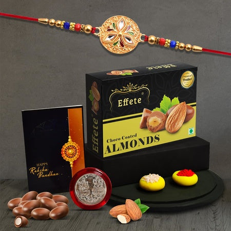 Rakhi For Brother Set Of 1 With Chocolate Almonds  Silver Color Pooja Coin Roli Chawal  Greeting Card