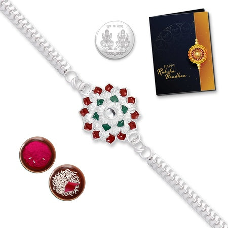 (K1_a1) Multicolor Crystal Flower Silver Color Rakhi Combo With Silver Color Pooja Coin Tilak Set  Greeting Card Fancy Rakhi For Brother New Rakhi Collection Men Bracelet Rakhi Combo For Brother Rakhi Bracelet For Brother Silver Rakhi Hand