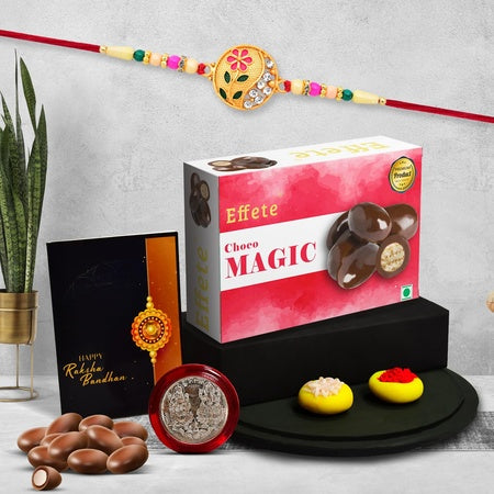 (K1_507_cm32) Rakhi Combo With Chocolate Magic 32gm Pooja Coin Greeting Card Rakhi Gift Hamper Rakhi For Brother With Gift Chocolate Gift Pack Fancy Rakhis For Men Set Of 1