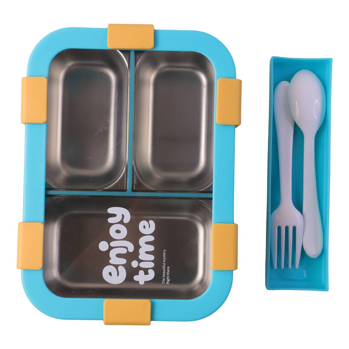 Airtight 3 Compartment Stainless Steel Lunch Box With Spoon  Fork  600ml