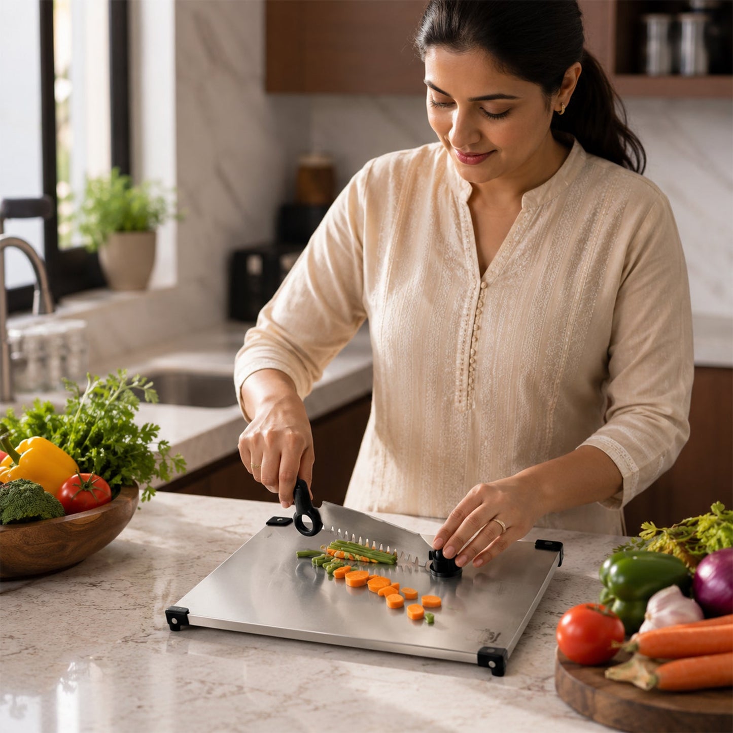 Stainless Steel 2 In 1 Cutting And Chopping Board With Knife For Kitchen (1 Pc)